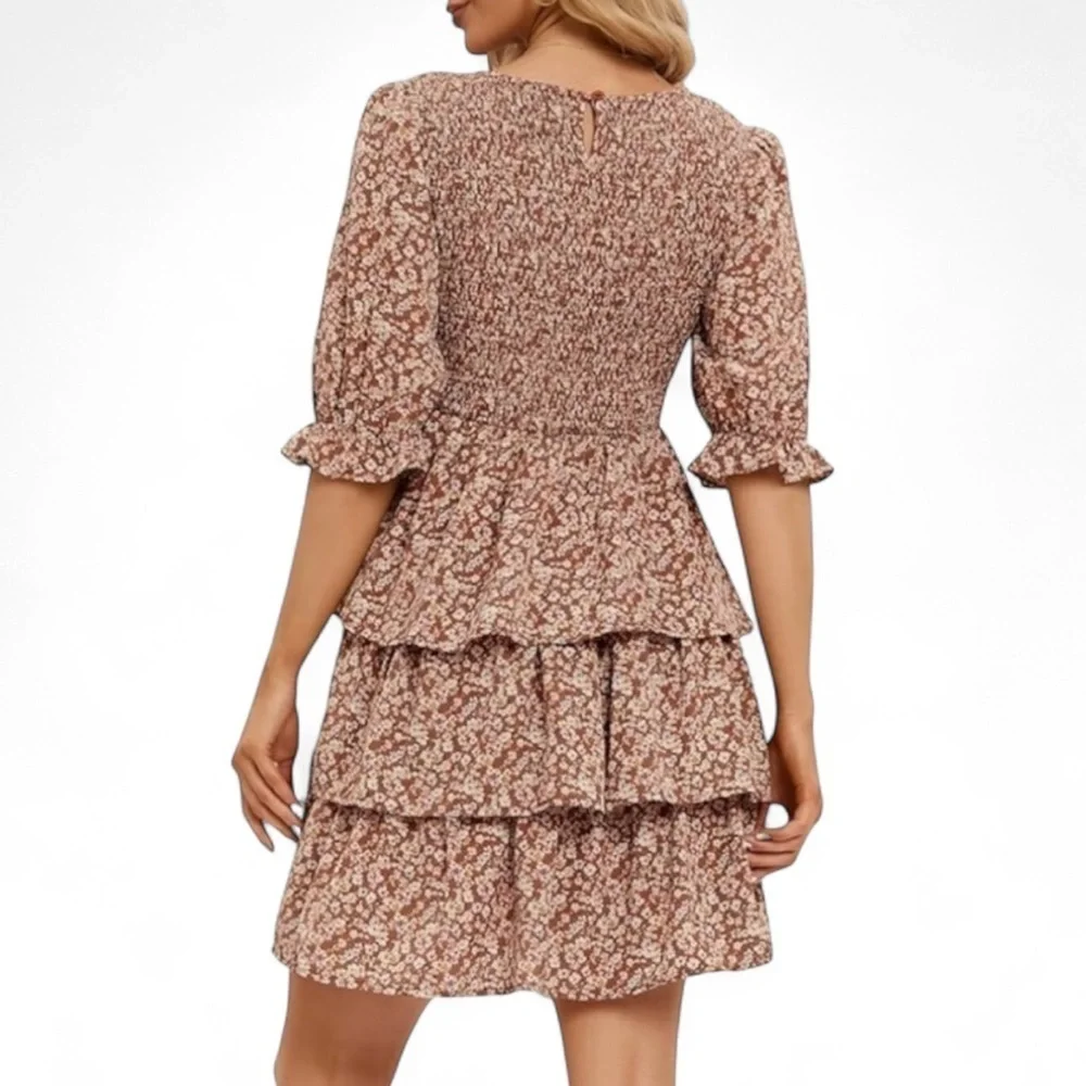 Floral Print Mini Dress Puff 1/2 Sleeves Flowy 3 Layer Ruffles Sz Large - Picture 2 of 5